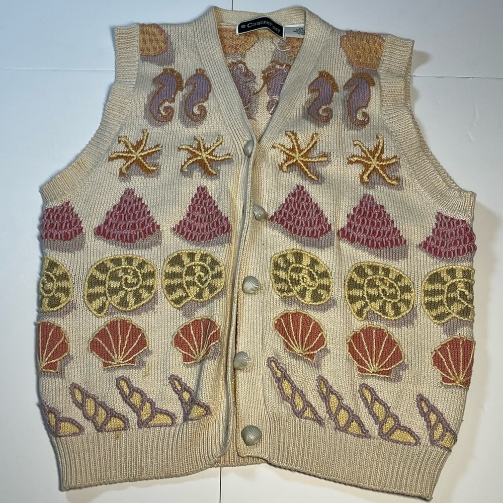 Vtg Christine Foley Women’s Small Embroidered Knit Sweater Vest Beach Sea Shell